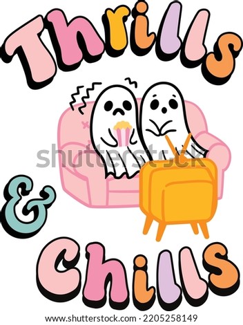 Thrills and chills cute Halloween ghosts watching scary movies. Royalty-Free Stock Photo #2205258149