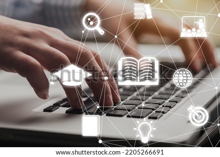E-learning education, internet lessons and online webinar. Education internet Technology. Person attends online lessons on a digital screen. Royalty-Free Stock Photo #2205266691
