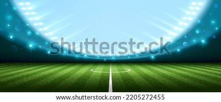 Realistic football arena with spotlights. Vector