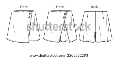Vector mini skirt short fashion, wrapped woman skort with elasticized waistband sketch, template, flat, technical drawing. Jersey or woven fabric skirt template set with front, back view, white color Royalty-Free Stock Photo #2205282293