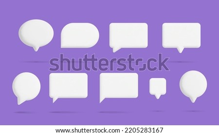 3d vector chat bubble box different shape realistic render design. Chat speech bubble, message, talk, Social network communication concept art. Isolated on purple background.