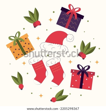 Set of Christmas elements. Cute vector illustration in flat style, Santa hat, socks on the fireplace, Christmas gift boxes