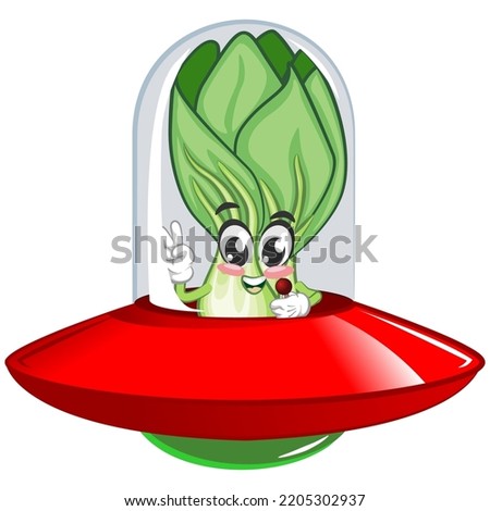 vector illustration of cartoon character of flying lettuce bok choy with ufo