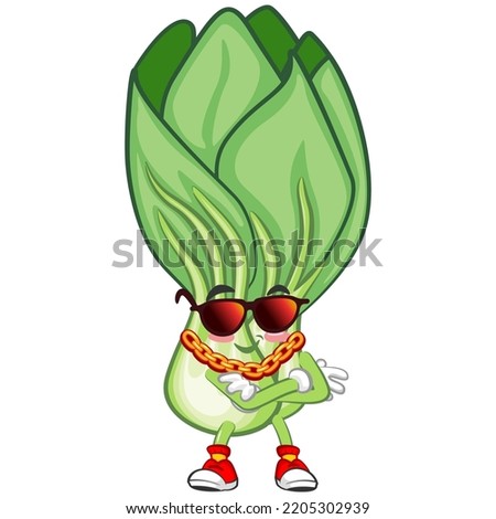 vector illustration of cartoon character of stylized lettuce bok choy with sunglasses and gold chain necklace
