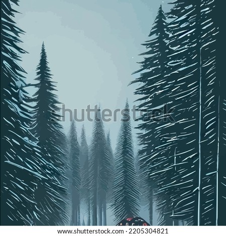 Vector blue landscape with silhouettes of trees in a foggy forest. Snow falls in the winter forest. winter background with rows firs, snowfall. Peaceful winter landscape in shades of blue, copy space