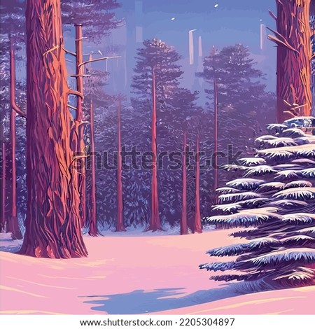 Vector blue landscape with silhouettes of trees in a foggy forest. Snow falls in the winter forest. winter background with rows firs, snowfall. Peaceful winter landscape in shades of blue, copy space
