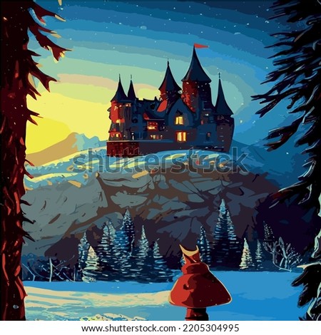 Castle background winter snowy forest. Snow, snowflakes. Night, moon. Winter landscape. Vector illustration kids with fairy tale castle winter landscape snowy weather with snowfall. mysterious castle