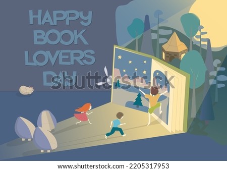 Children love reading - vector illustration . Happy book lovers day text. Congratulations on the Book Lovers Day.