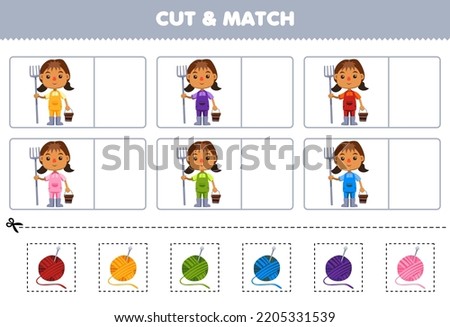 Education game for children cut and match the same color of cute cartoon farmer girl printable farm worksheet