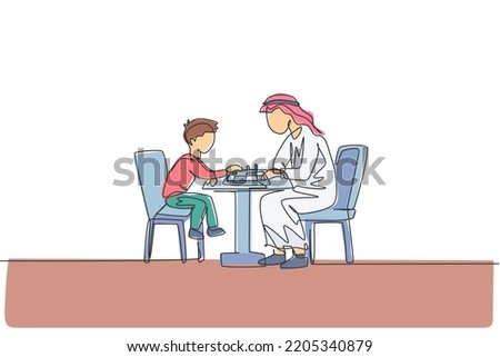 One single line drawing of young Arabian father and son seriously playing chess together at home vector illustration. Happy Islamic muslim family parenting concept. Modern continuous line draw design