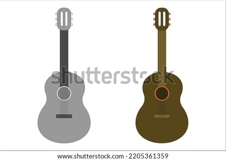 brown acoustic guitar set. Vector flat illustration. Isolated on white background.