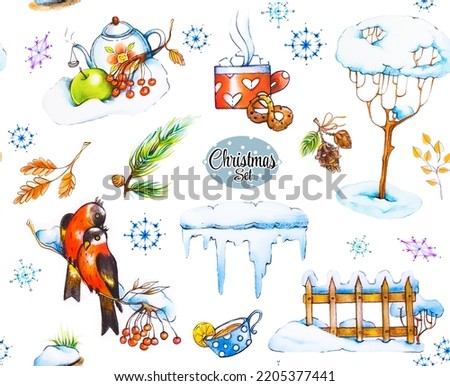 Christmas winter watercolor set. Snowflakes, festive accessories, tea drinking, bullfinches, sprigs of mountain ash and viburnum. Trees. Garden decorative elements in the snow.