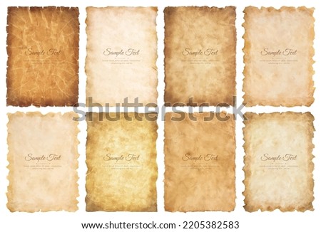 Vector collection set old parchment paper sheet vintage aged or texture isolated on white background. Royalty-Free Stock Photo #2205382583