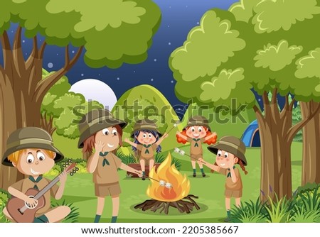 Children camping out forest scene illustration