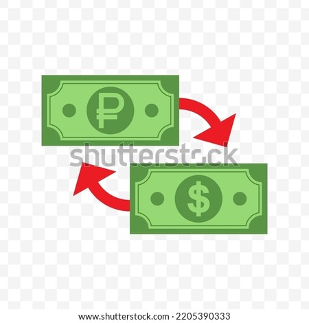 Vector illustration of exchange of dollar banknotes with Rouble. Simple design on a transparent background (PNG).