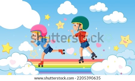 Children playing roller skates on rainbow illustration