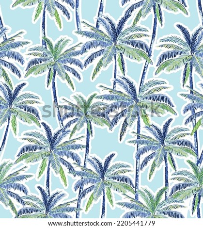 Hand draw Tropical Palm Seamless Pattern On light Blue color Background 