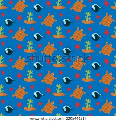 Pattern with fish, turtles and starfish on a blue background. Vector illustration. For covers and prints, packaging materials and textiles, scrapbooking and stationery.