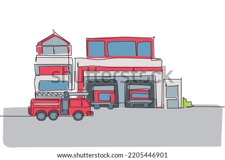 Single continuous line drawing of fire station building construction. Firefighter base camp isolated minimalism concept. Dynamic one line draw graphic design vector illustration on white background