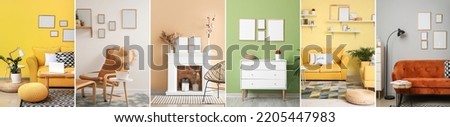 Collage of modern interiors of living room with photo frames