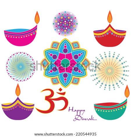 Diwali Vector Clip Art Set. Om, Rangoli, Diya and Fireworks Graphics included. Created using Vector Software (Adobe Illustrator).