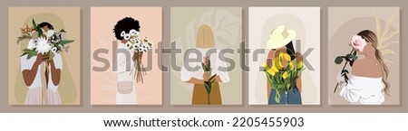 Set of different Abstract women portraits. Beautiful girls with flowers. Fashion vector illustration cartoon style isolated on neutral background. Templates for cards, posters, banners, t-shirt prints