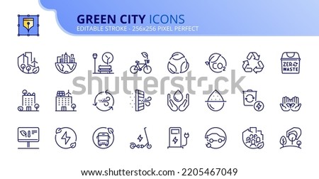 Line icons about green city. Sustainable development. Contains such icons as renewable energy, autonomous building, air and water quality. Editable stroke Vector 256x256 pixel perfect Royalty-Free Stock Photo #2205467049