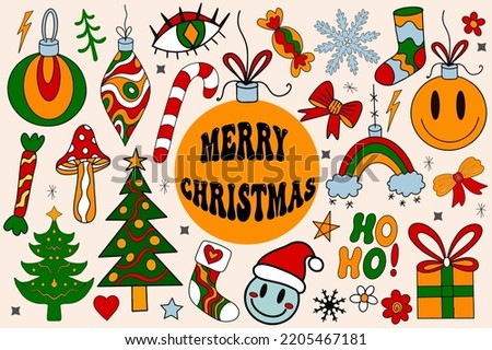 Merry Christmas groovy retro 70s set elements. Hippie holiday collection clip art hand drawing style. Christmas tree, snowflakes, gifts modern trendy objects collection