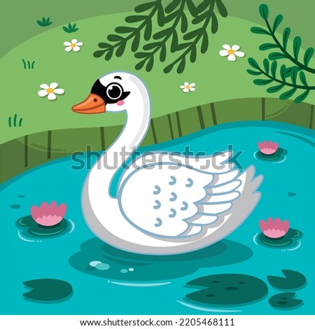 Vector illustration of cartoon beauty swan floats on river. 