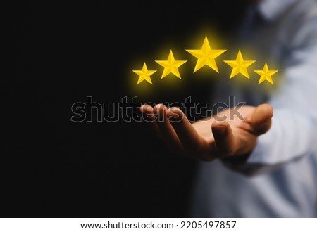 positive customer reviews Write a five-star review. Satisfaction, Feedback, and Customer Service Concepts Best response from the product user experience. dark background