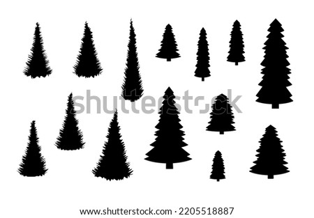 Set of silhouettes of pine trees and fir trees.