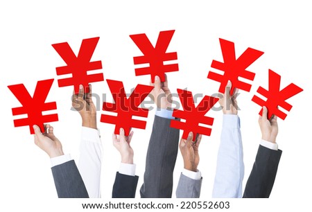 Business people holding yen sign.