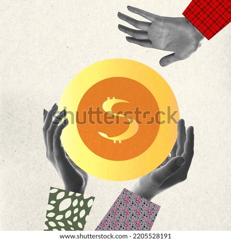 Human hands holding huge coin with dollar sign. Contemporary art collage. Concept of business, finance, blockchain technology, altcoin, cryptocurrency mining, digital money market, income, exchange
