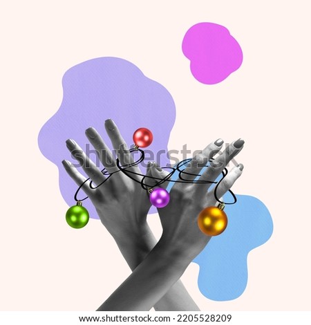 Party time. Female hands holding Christmas garland on light background, artwork. Concept of holidays, New Year, symbolism, surrealism. Contemporary art collage, modern design
