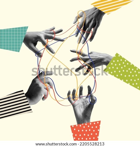 Network. Connection. Human hands aesthetic on light background, artwork. Concept of human relation, community, symbolism, surrealism. Contemporary art collage, modern design Royalty-Free Stock Photo #2205528213