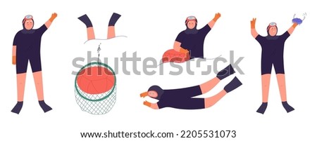 Haenyeo sea woman set, flat vector illustration isolated on white background. Cute old lady fishing and diving underwater. Jeju island traditional diver women. Royalty-Free Stock Photo #2205531073
