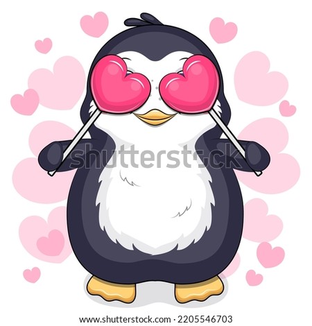 Cute cartoon penguin with two hearts. Vector illustration of an animal on a white background with pink hearts.