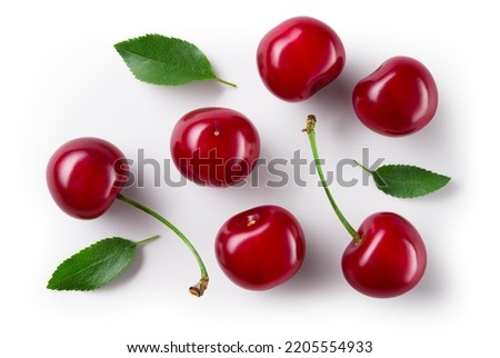 . Cherry isolated. Cherries top view. Sour cherry with leaves on white background. With clipping path. Royalty-Free Stock Photo #2205554933