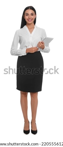 Full length portrait of hostess in uniform with tablet on white background