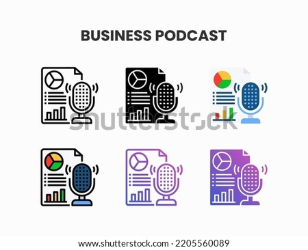 Analytics Business Podcast icon set with line, outline, glyph, filled line, flat color, line gradient and flat gradient. Can be used for digital product, presentation, print design and more.