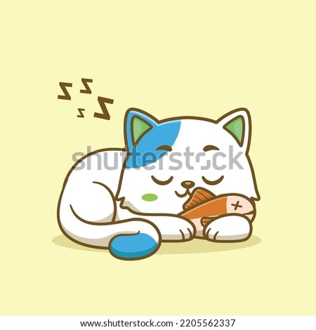 you can use Cute cat sleeping with fish cartoon to design banners, posters, backgrounds, print POD...etc.