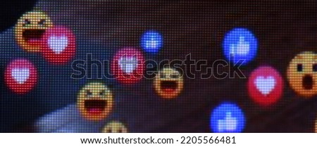 Macro photo of screen pixels with icons. Extrem close-up. High resolution photo. Selective focus.