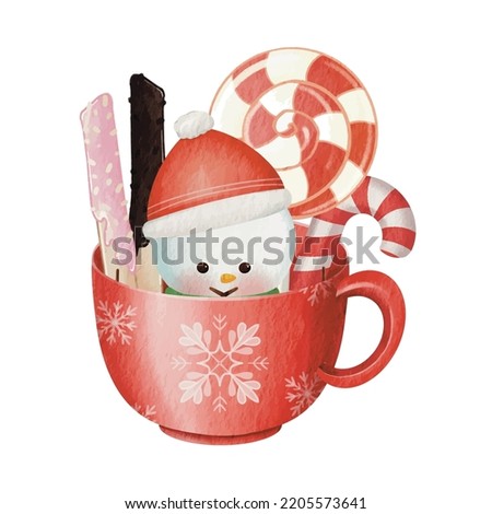 Cute snowman in a mug with sweets.  Hand drawn vector illustration watercolor cute gnome banner design. Xmas design for holidays decoration, greeting cards, gift tags, t-shirt