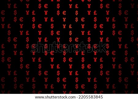 Dark red vector background with EUR, USD, GBP, JPY. Illustration with dollar, USD, usa signs on white template. Template for ads of markets, loans.