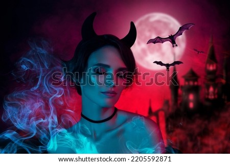 Collage banner of elegant lady with devil horns danger nightmare haunting night castle isolated on smoky goth cyber picture