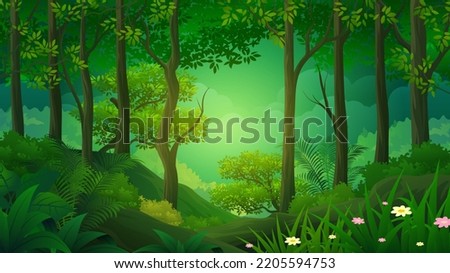 Wild dark jungle forest nature landscape with green jungle foliage and exotic plants Royalty-Free Stock Photo #2205594753