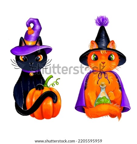 Set of two cute Halloween cats in cartoon style. Red and black cats with pumpkin and potion.