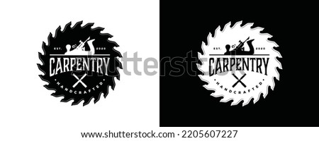 Wood planes or hand planes tool with chisel in the saw blade for carpentry or woodworker sign symbol icon vintage logo vector Royalty-Free Stock Photo #2205607227