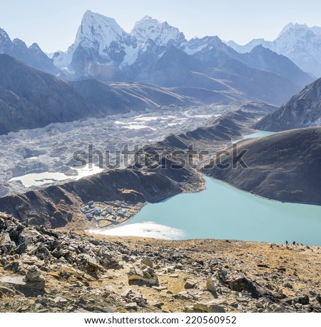 The view from the Gokyo Ri in the glacier, village, and the third lake - Nepal, Himalayas