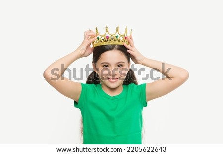 In my dreams I could be princess. Kid wear golden crown symbol of princess. Dreams and fairy tales. Every girl dreaming to become princess. Lady adorable little princess. Royal family concept